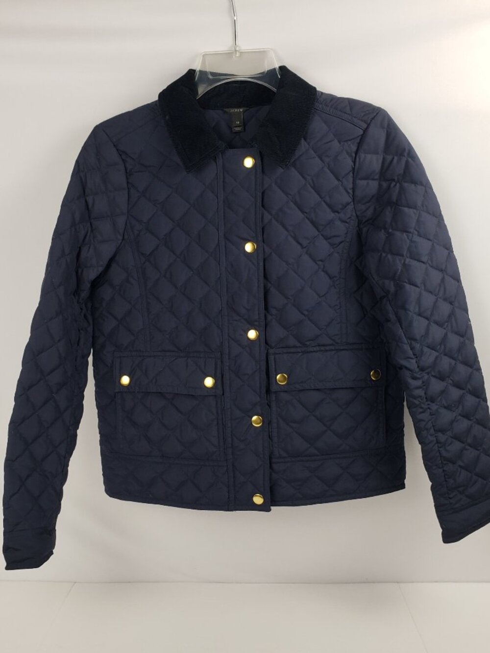 J Crew XS Navy Blue Down Quilted Jacket Womens Snaps Zipper Pockets Lightweight